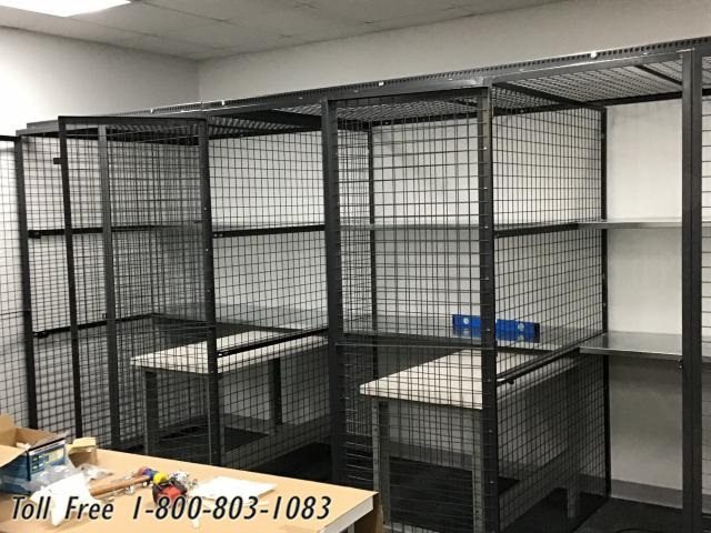 wire cage lockers swinging gates shelves benches