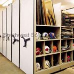 Athletic rolling mechanical assist memorabilia storage shelving