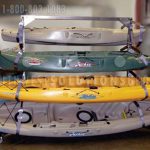 Boat kayak canoe rolling rack cart hooks to vertical overhead lift storage rack