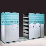 Compact hand crank high density storage shelving