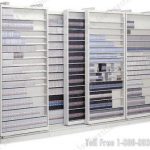 Data tape racks high large capacity sliders on tracks adjustable bi file media storage hi density shelves