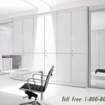 Demountable glass office walls integrated storage cabinets