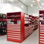 Drawers in shelving auto parts storage