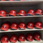 Equipment room storing baseball helmets