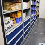 Evidence storage on mobile shelving with drawers