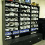 Face mask helmet storage shelving football racks