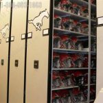 Football helmet storage on mobile shelving