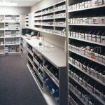 Pharmacy bin shelving drug processing storage fixtures