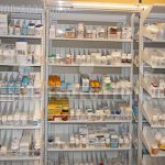 Pharmacy dose medication dispensing rack shelf cabinet