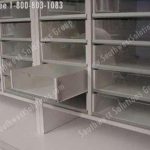 Plastic clear drawers supply storage copyroom cabinets shelves modular counters millwork