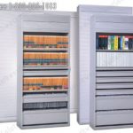 Roll down door cabinet with adjustable shelves file drawers