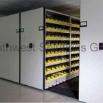 Rolling motorized push button bin racks on tracks gsa high density mobile storage shelving