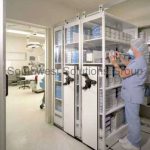 Sliding operating room hospital storage cabinets