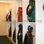 Space saving golf bag storage racks compact shelving
