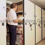 Spacesaver mechanical assist mobile racks stock room space saving storage shelving