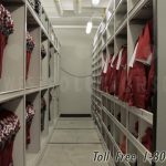 Storage racks hanging football jerseys