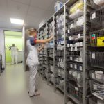 Surgical sterile kits storage on wire modular racks shelves