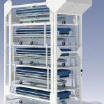 Vertical bed lift storage for hospitals shown fully loaded