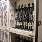Weapons locker secure storage cabinet on mobile shelving military