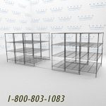Wire mobile shelving rails racks roll on tracks condense storage space