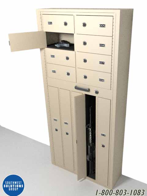 Side arm long gun storage cabinet