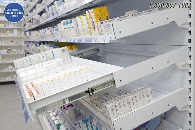 hospital pharmacy slide out shelves