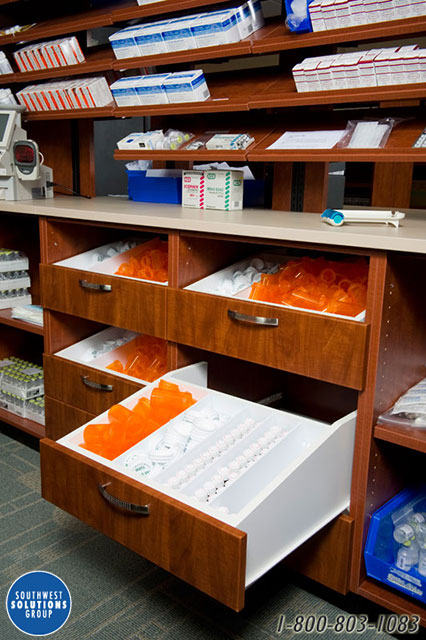 pharmacy casework gravity feed drawers
