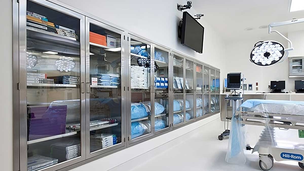 operating room surgical supply glass front wall cabinets