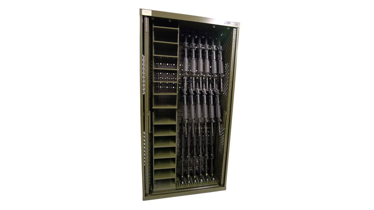 UWR weapons locker rifle storage cabinet with vertical mounts for secure armory organization