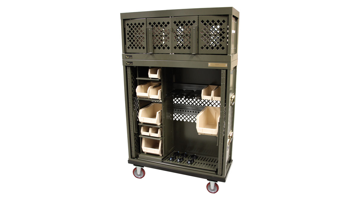 universal weapons rack carts-165841 universal weapons rack carts mobile armory cart with adjustable bins and rifle rack for gear organization