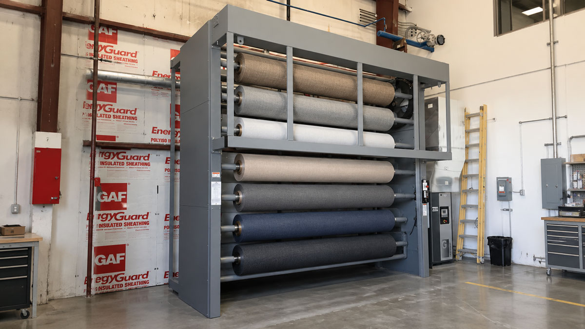 textile roll carousel industrial storage system for organized fabric roll inventory