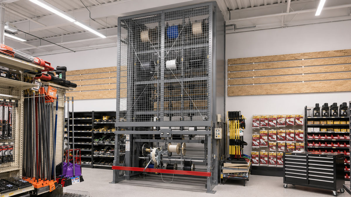 wire spool carousel storage system for organized reel inventory and dispensing