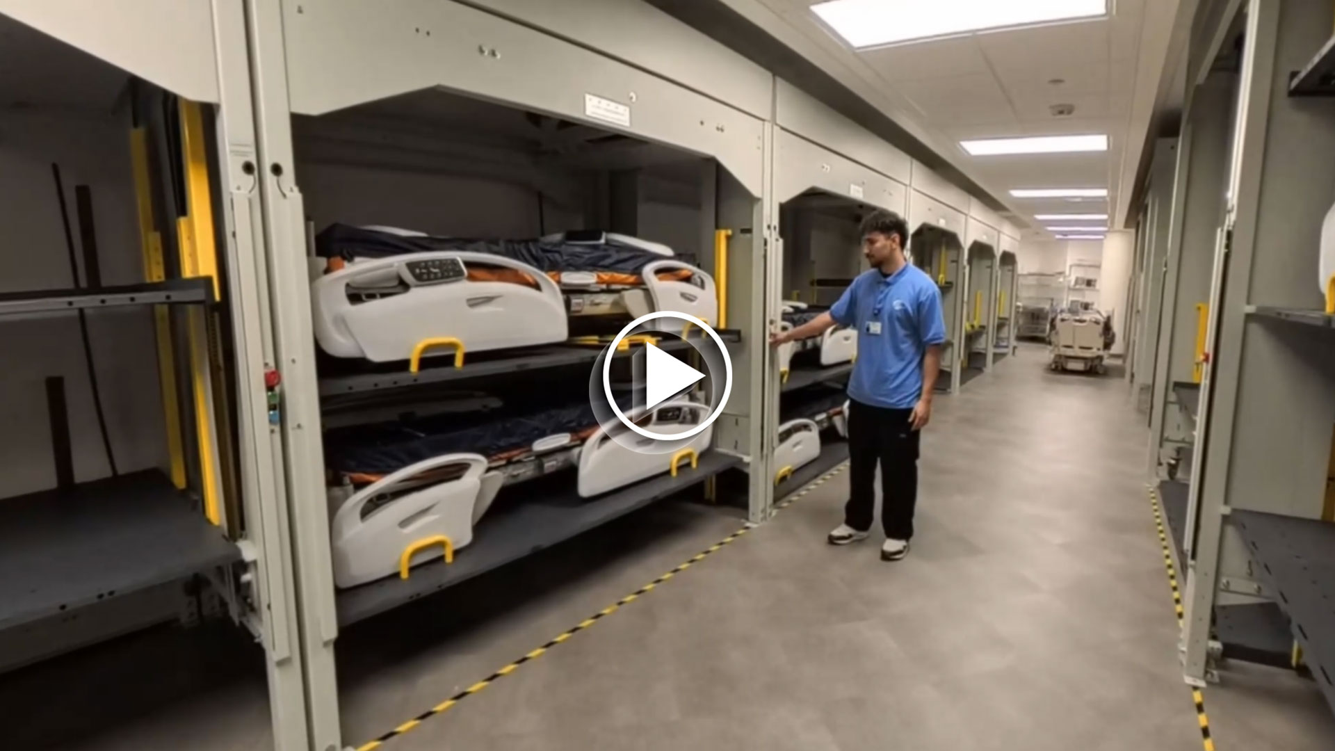 Hospital bed storage stacker system