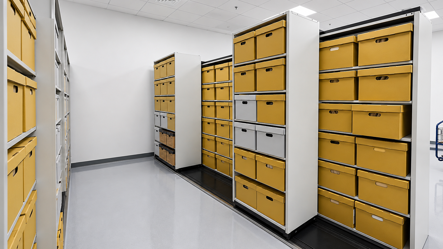 mobile archive shelving with storage boxes