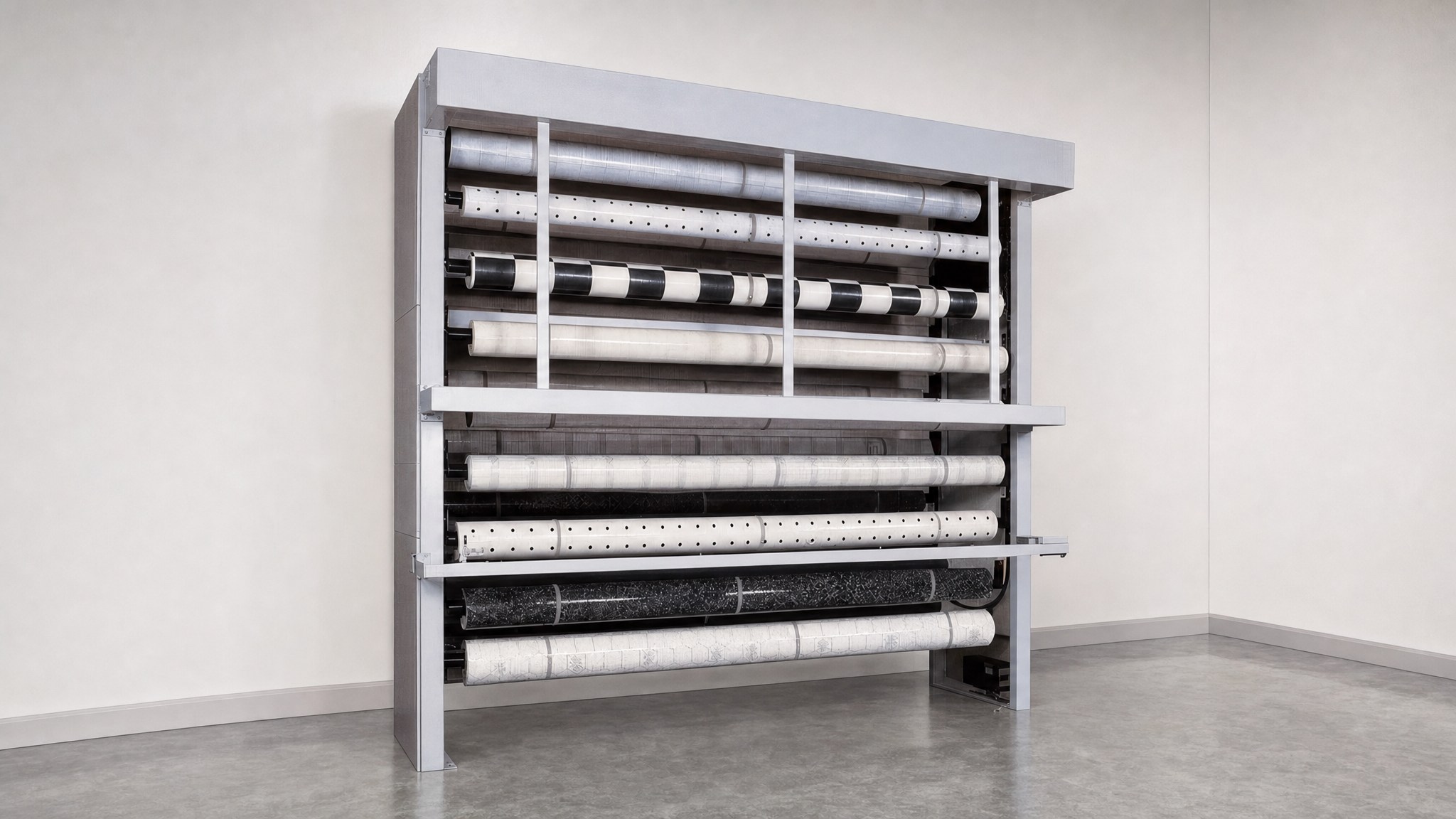 Large metal rack with multiple rolls of carpet stored horizontally in a plain room.