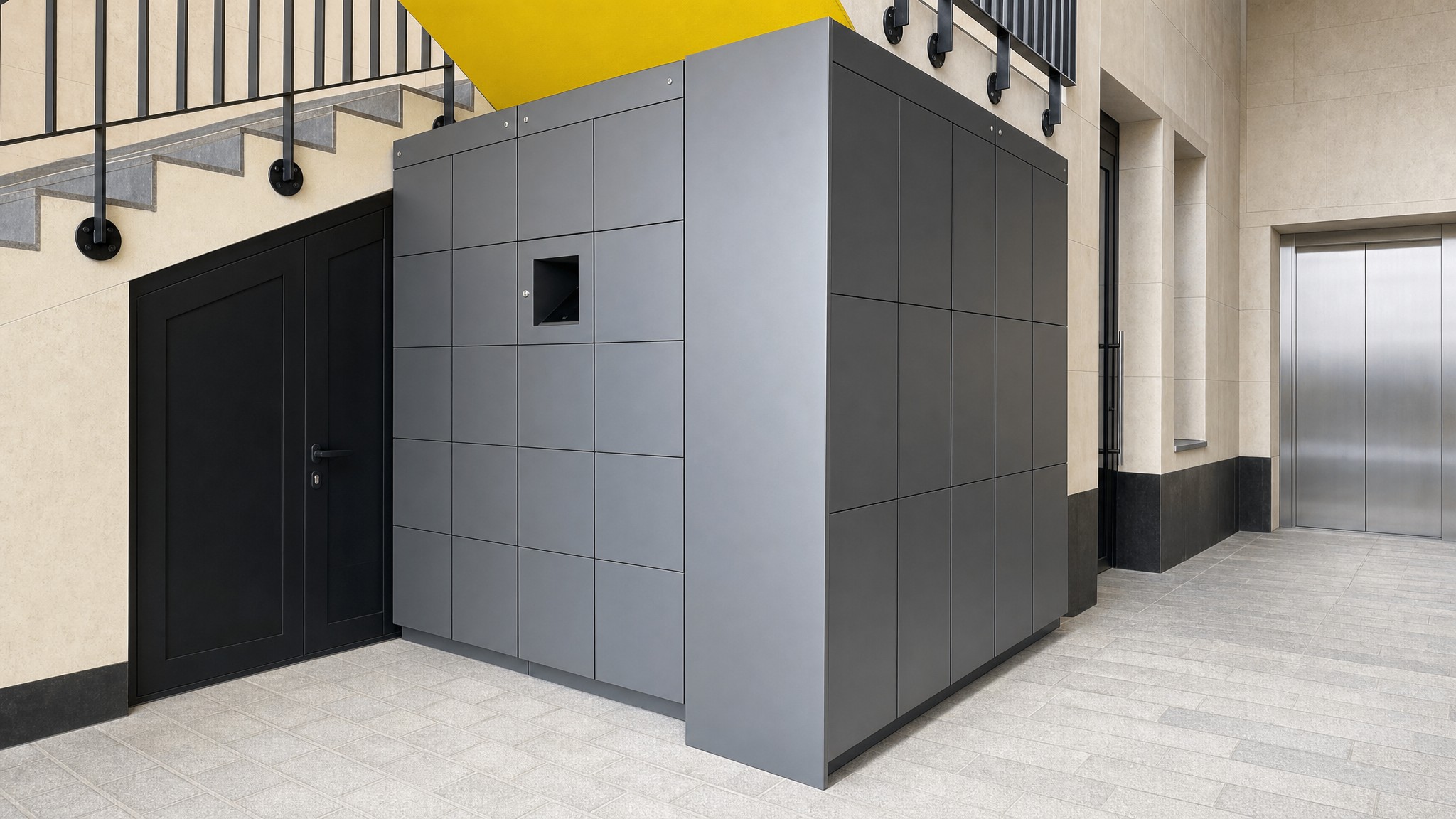 Gray keyless lockers unit installed in building lobby near elevator and staircase