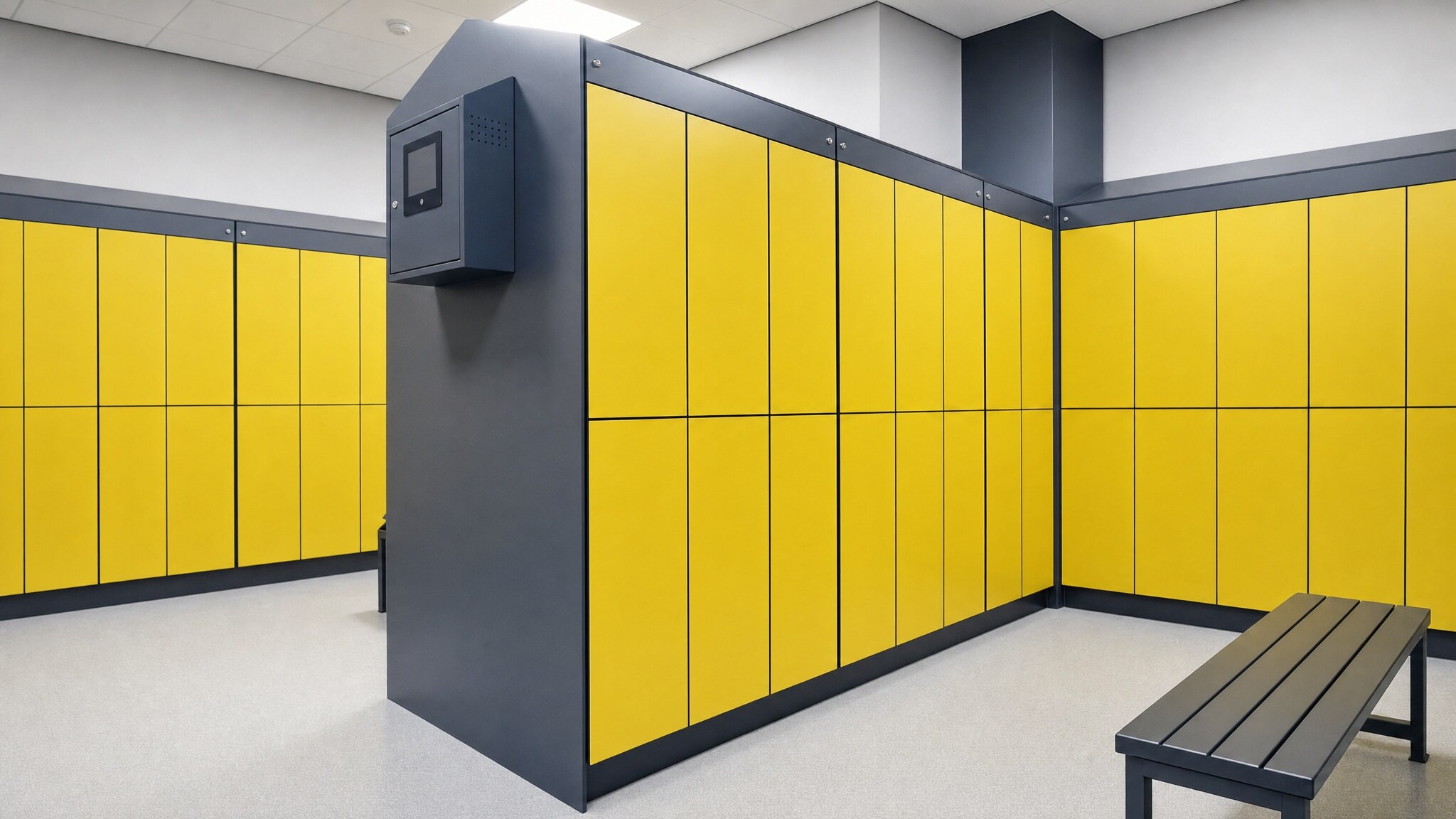 Yellow keyless lockers with gray edges in corner room with bench