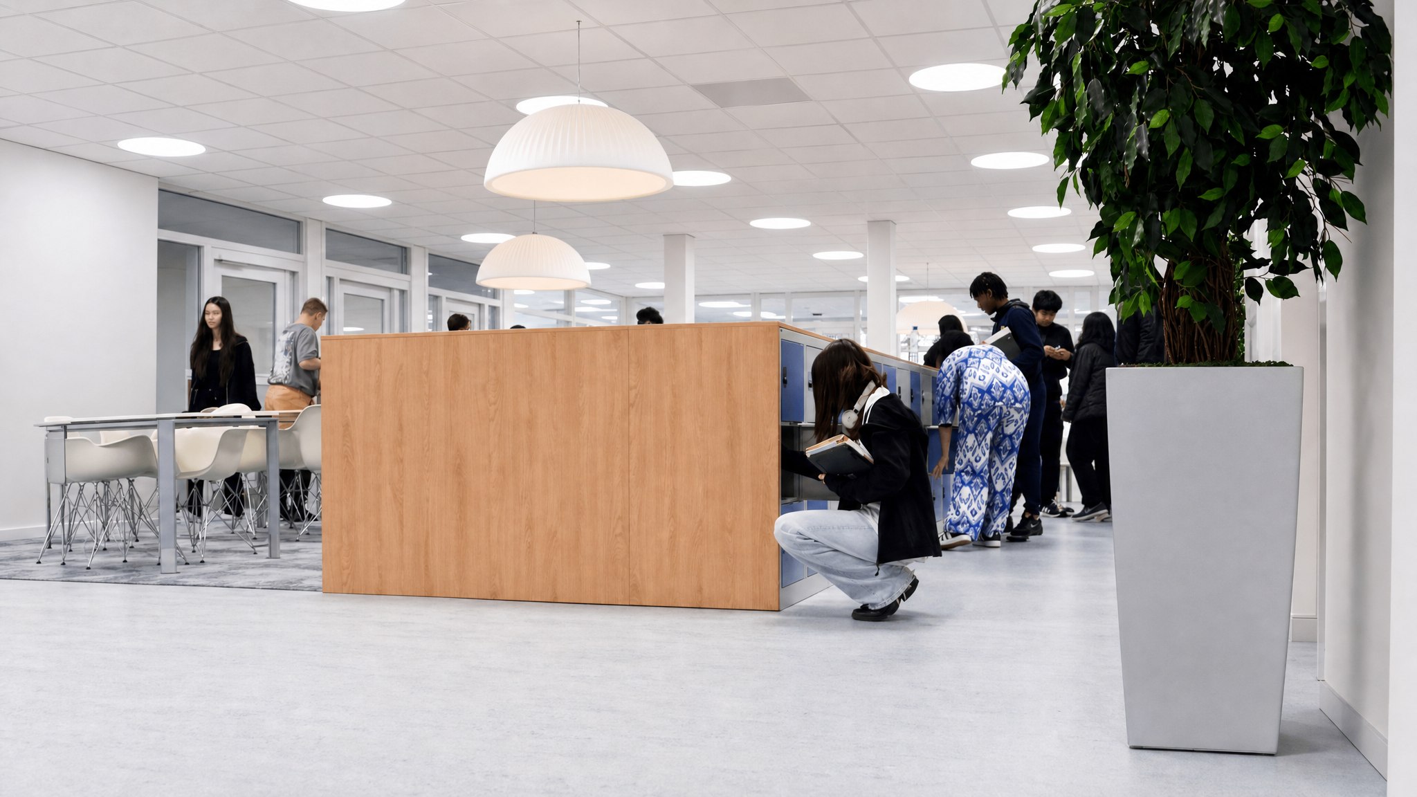 People retrieving items from a row of blue and wood lockers in a public room.