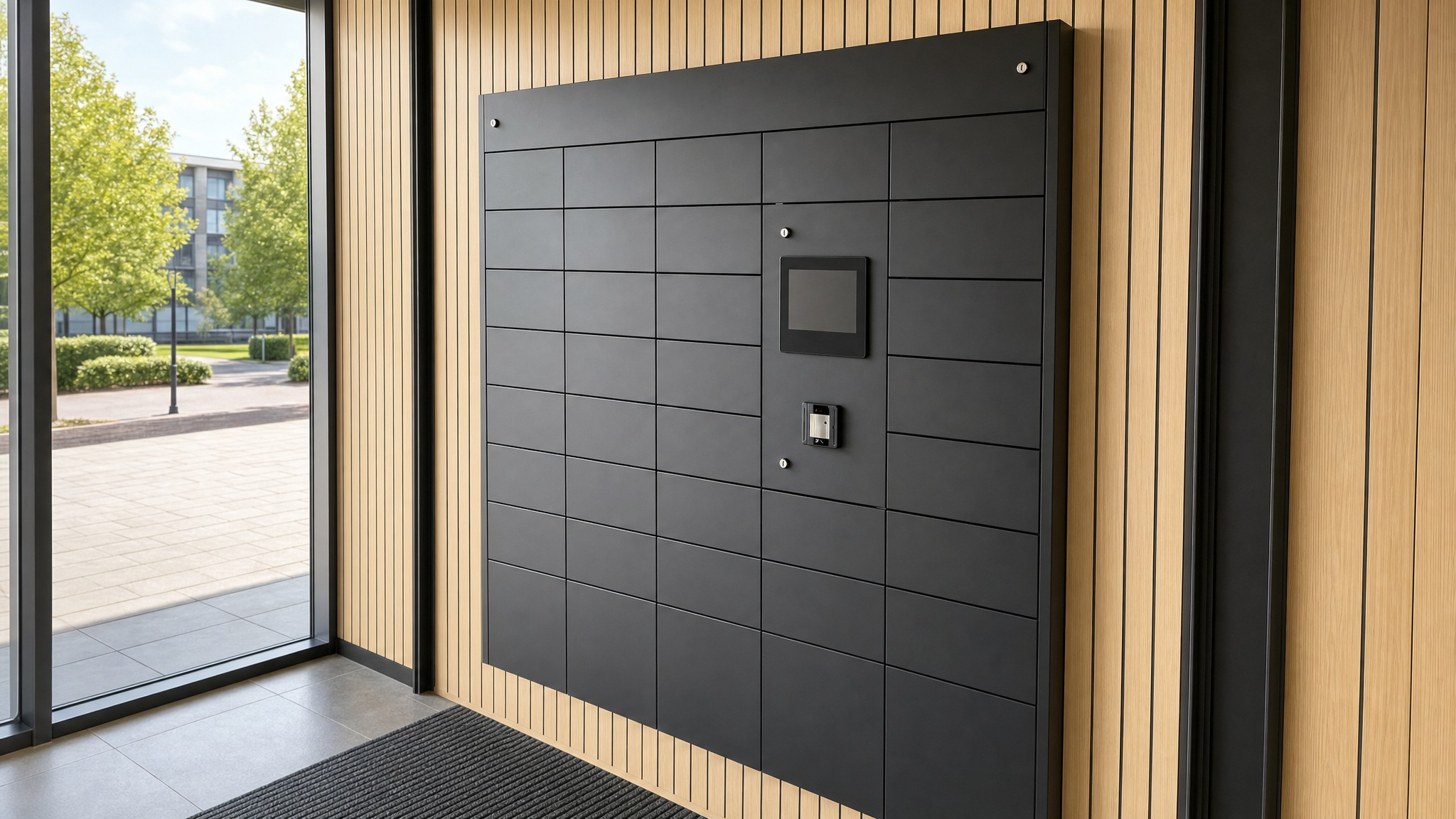 Dark gray wall-mounted locker bank with a display and access panel in a modern entryway.