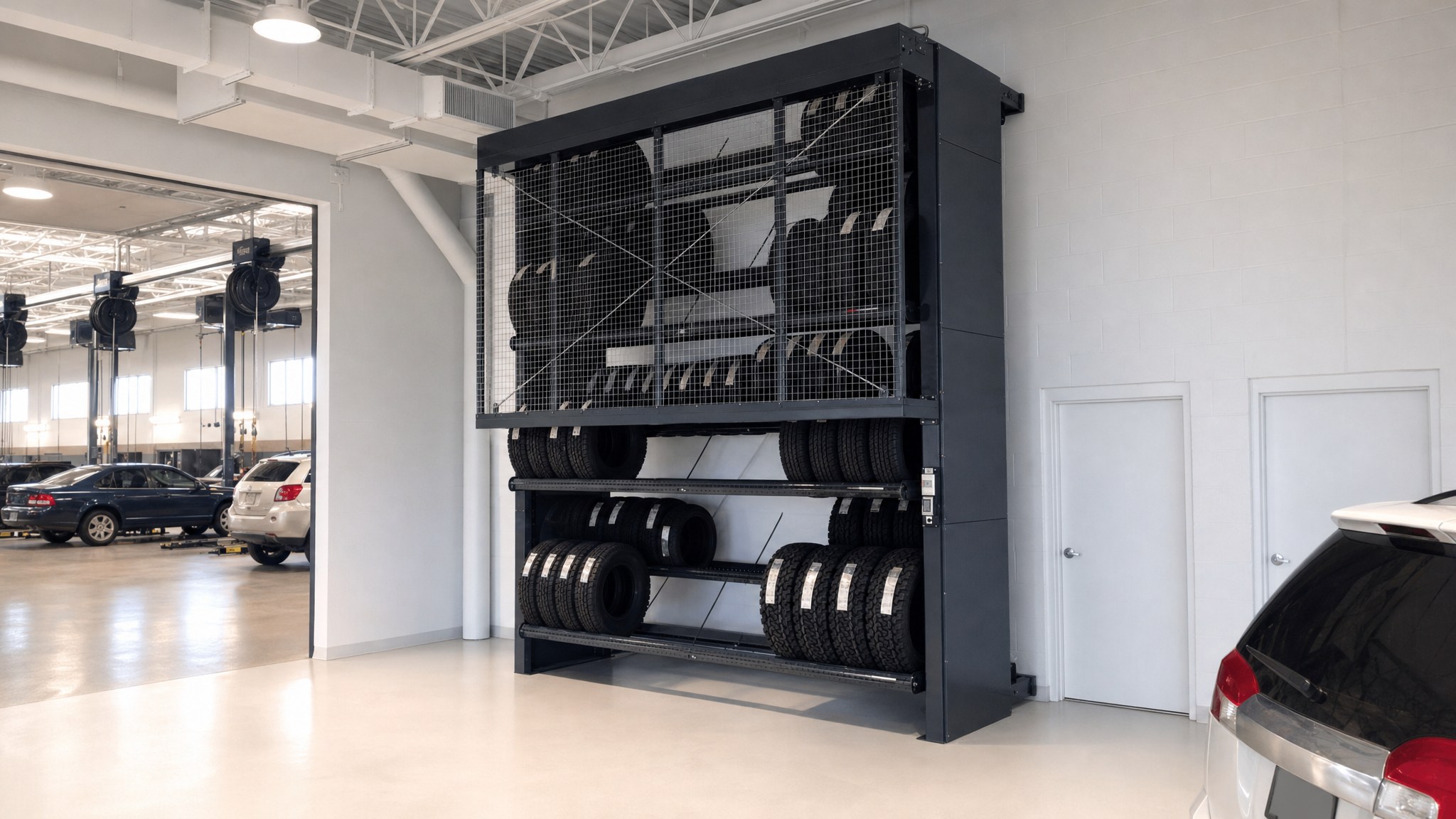 Vertical tire carousel with multiple tire racks enclosed by a wire mesh in automotive service area.